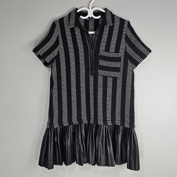 Zara Black + White Textured Woven Vegan Leather Pleated Dress *RARE* - Picture 2 of 11